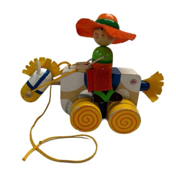 Sevi Italy Cowboy & Horse wooden pull along toy VINTAGE - Picture 4 of 4